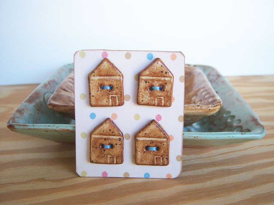 Ceramic House Buttons in Speckled Tan Glaze - Set of 4