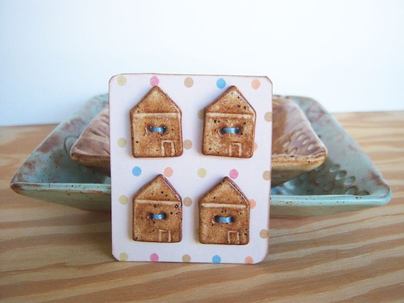 Ceramic House Buttons in Speckled Tan Glaze - Set of 4