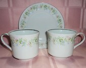 Vintage Haviland Bavaria Forever Spring 2 Tea Cups 1 Saucer  Pink Blue Flowers Porcelain Platinum