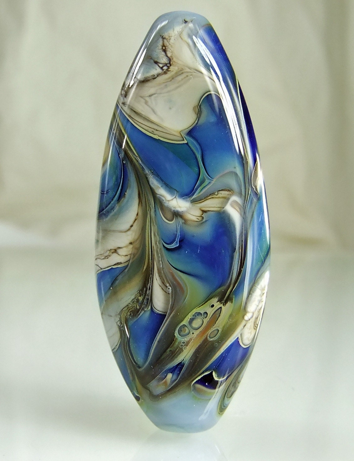 Blue, Silvered Ivory Organic Lampwork Focal Bead