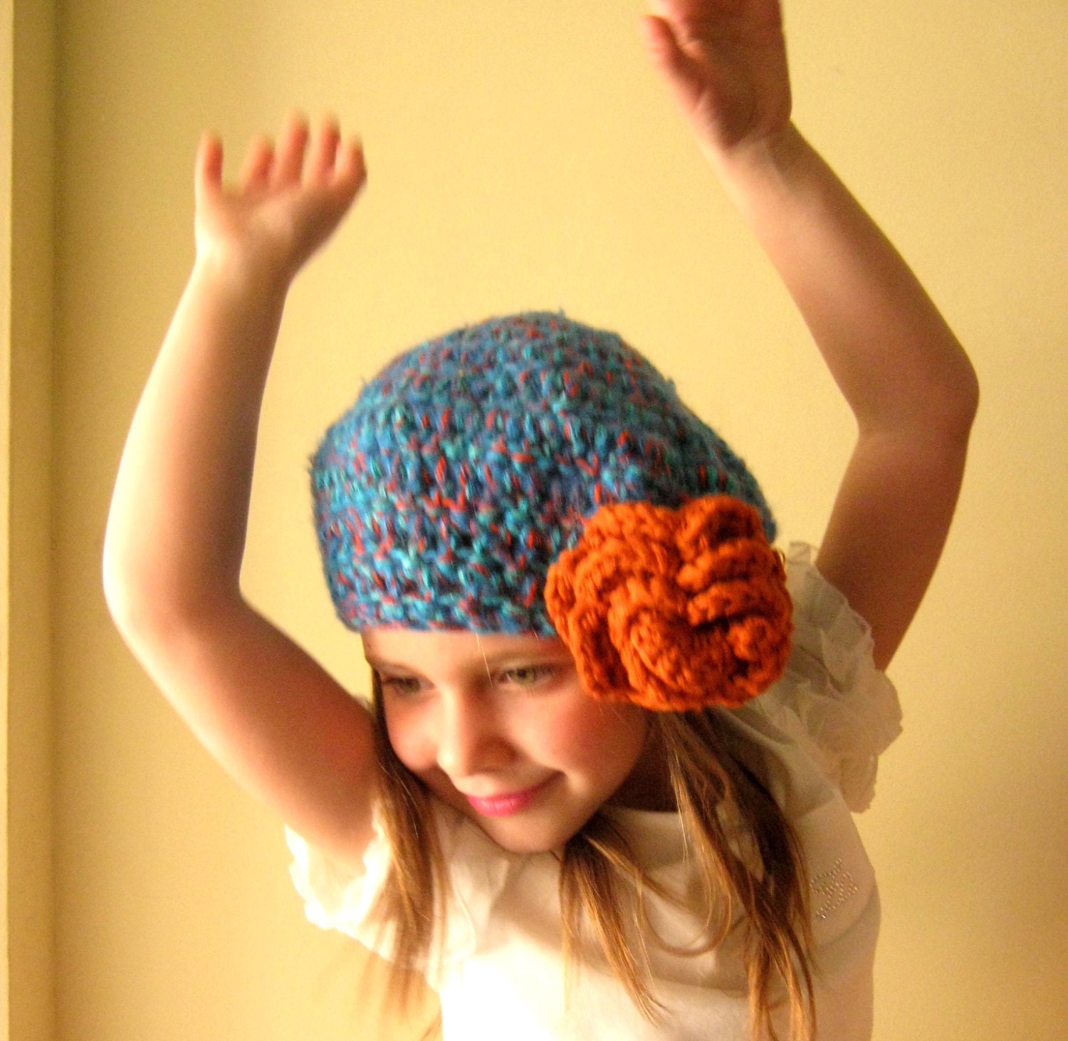 5-7 years -  Crochet Hat with Flower - Soft  yarn in Blue , Green and Orange