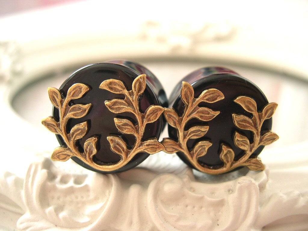 Brass filigree branches leaf plugs for gauged ears 20mm 13/16"