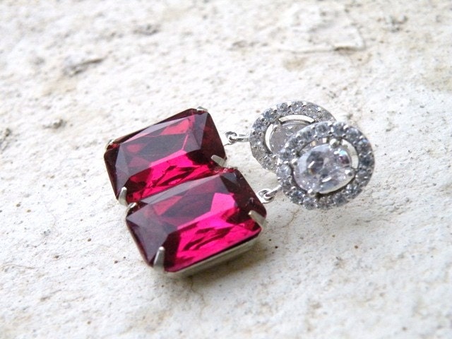 Bridal Earrings Fuchsia Hot Pink Rose Foiled Octagon Stone Rhinestone CZ Halo Silver Stud Estate Style Wedding Jewelry Valentines