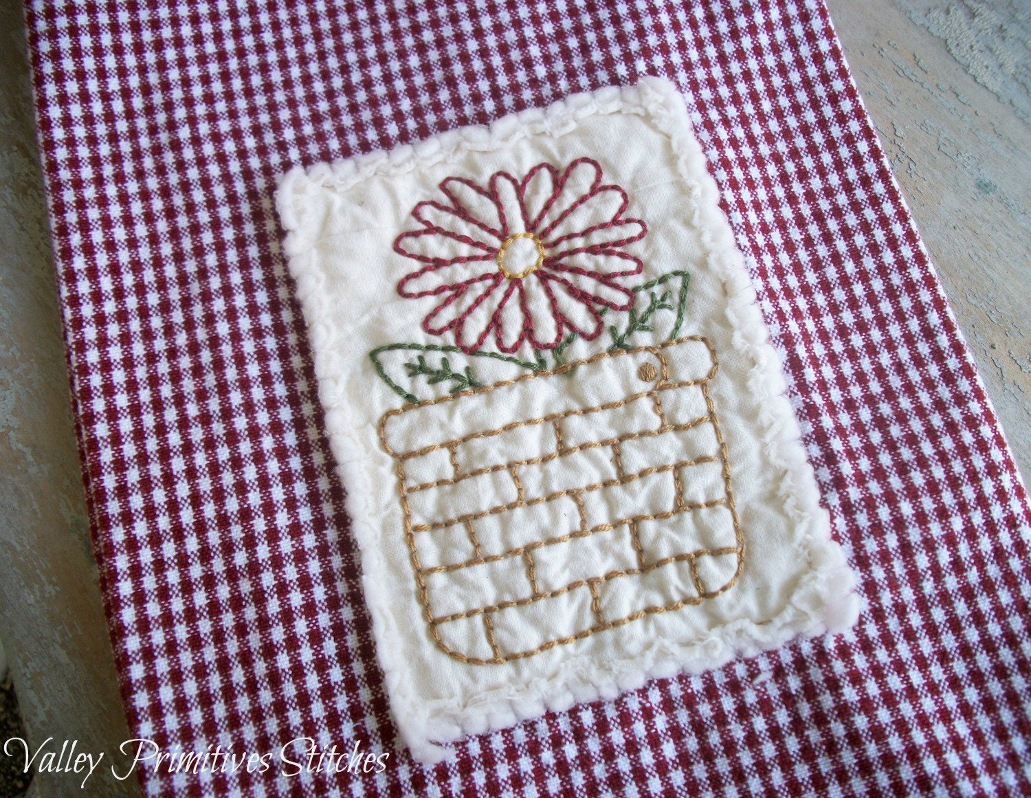 Spring,Summer, Daisy, Hand Stitched, Kitchen Towel, Red