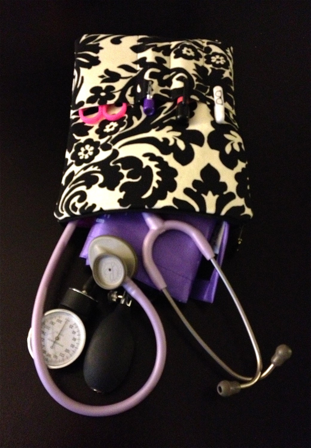 medical case, stethoscope bag & BP cuff case in black and cream damask (medical pouch, pockets for penlight and tools)