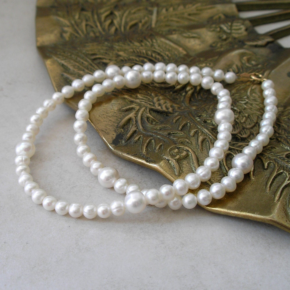 White Freshwater Pearl Vintage Necklace- Round 5mm and 7mm Freshwater Pearl Bead Necklace