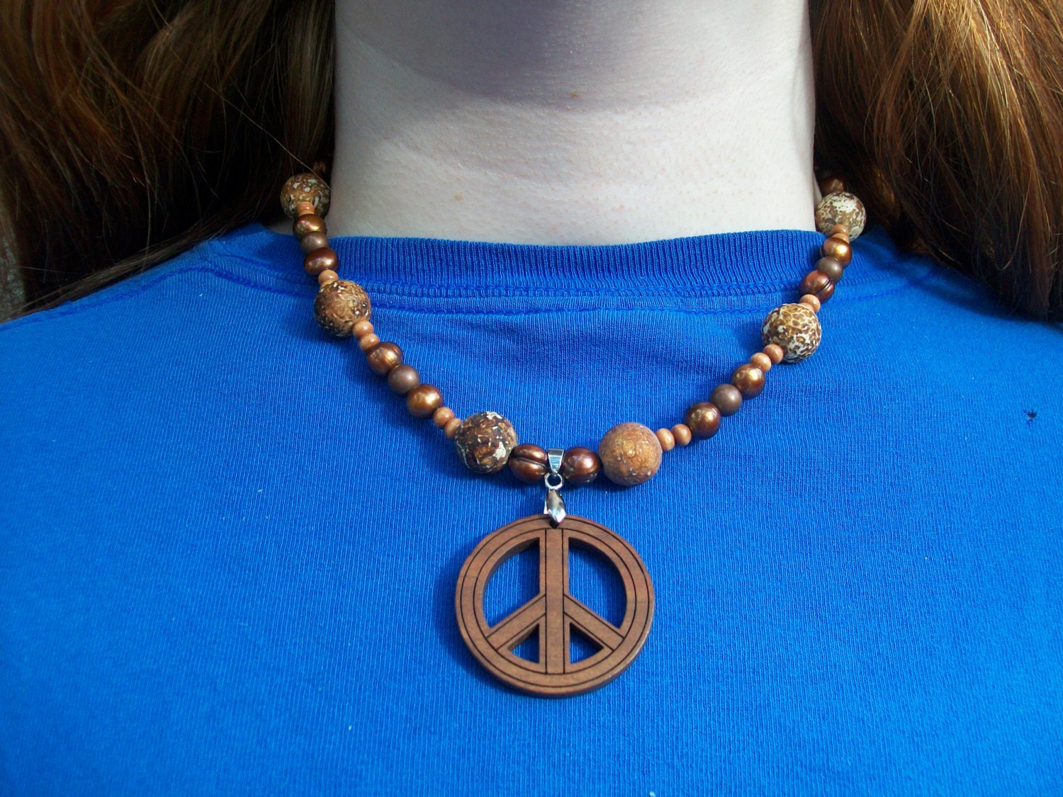 Wooden Peace Necklace with clay stones, bronzed pearls and brass beads