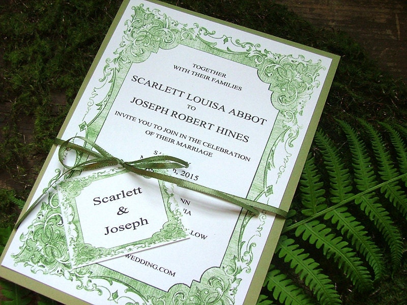 Stunning green frame vintage wedding invitation