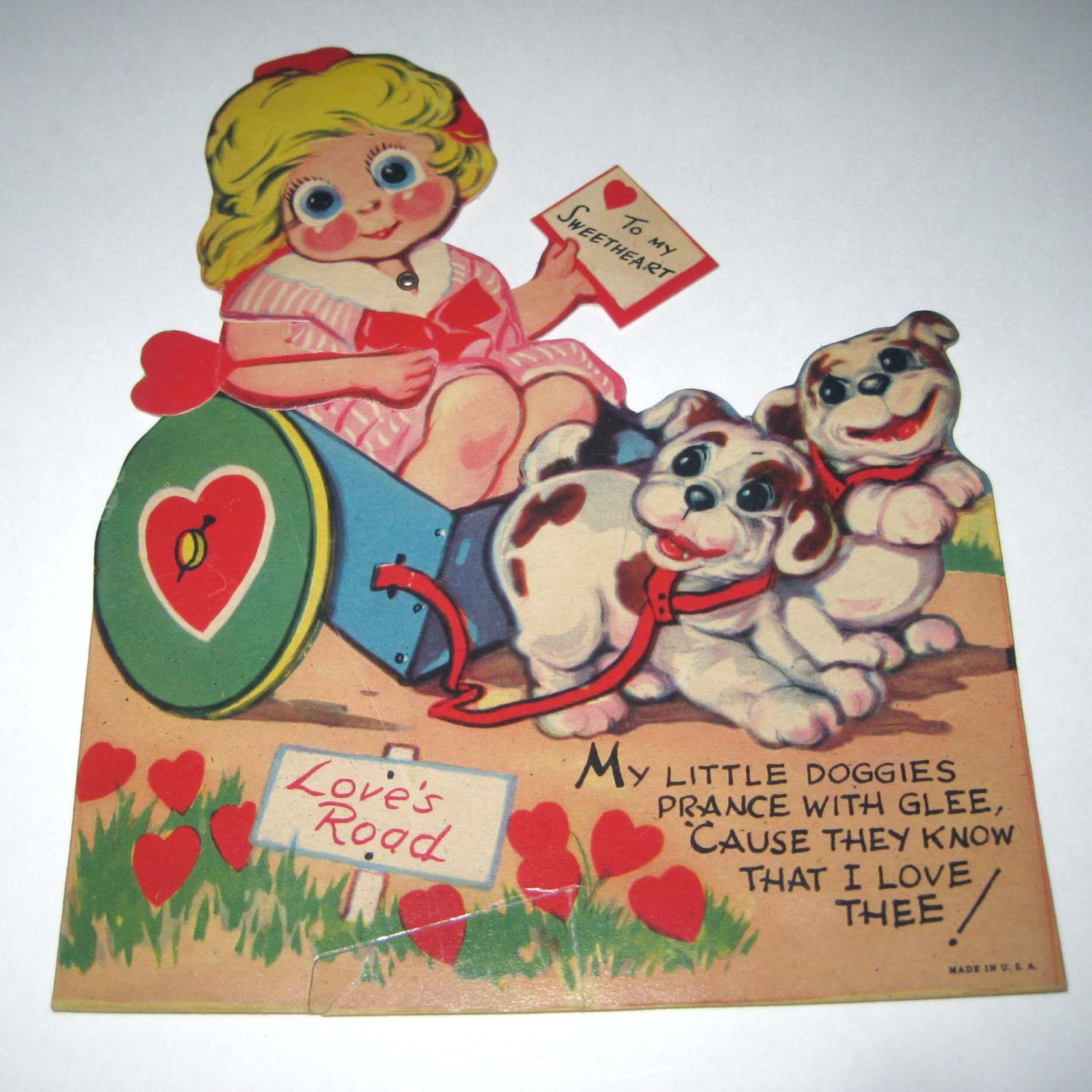 Vintage Novelty Mechanical Valentine Greeting Card with Blonde Girl in Cart Pulled by Dogs