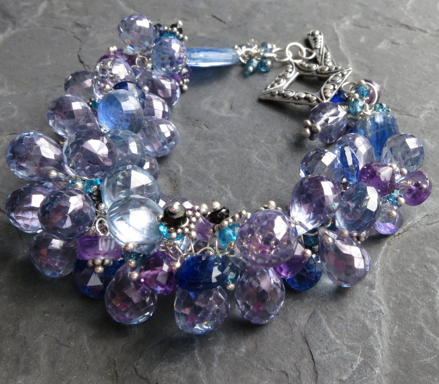 Gemstone bracelet sterling silver kyanite blue topaz amethyst mystic quartz mermaid lei wedding elegant jewelry --Crete--