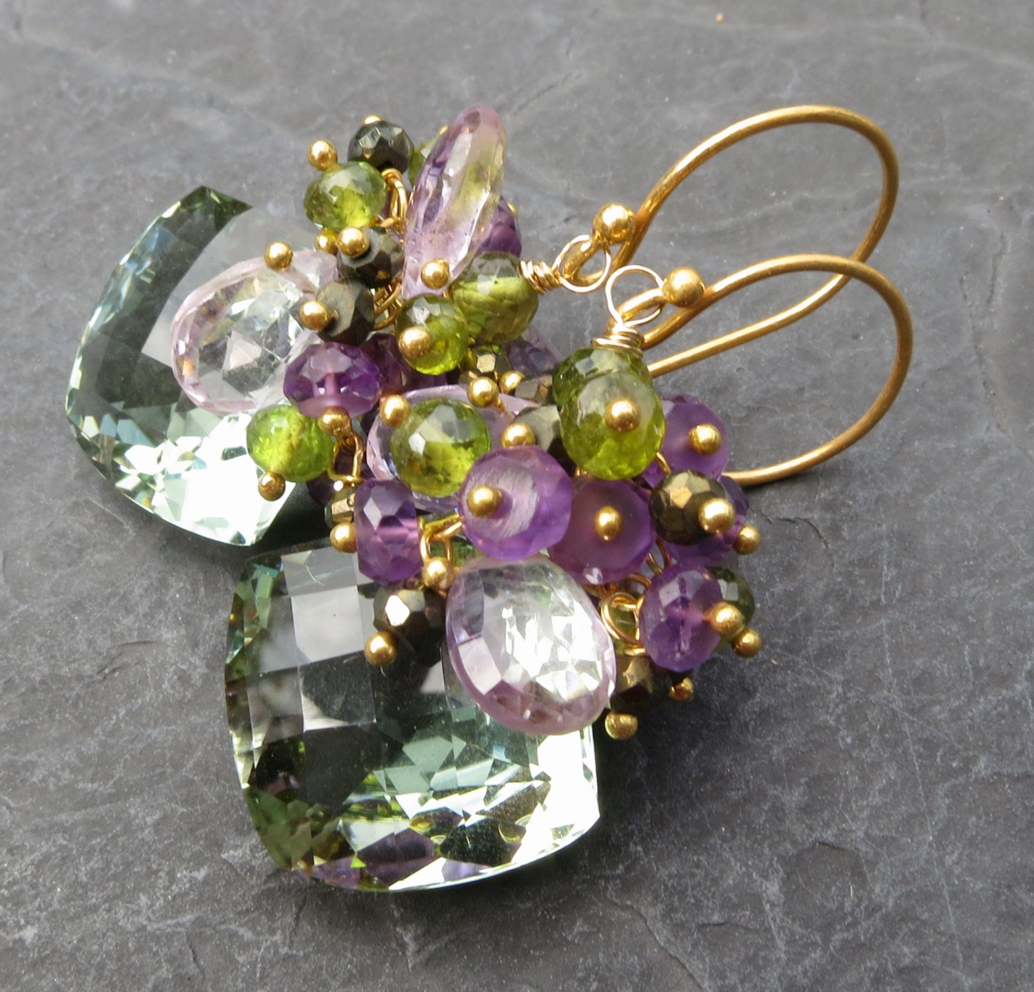 Green amethyst earrings gold vermeil pink amethyst pyrite vesuvianite mermaid cluster statement large dangle gemstone jewelry --Thornfield--