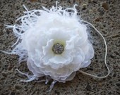 boutique ALL WHITE PEONY flower hair bow completed on a thin headband with ostrich puff