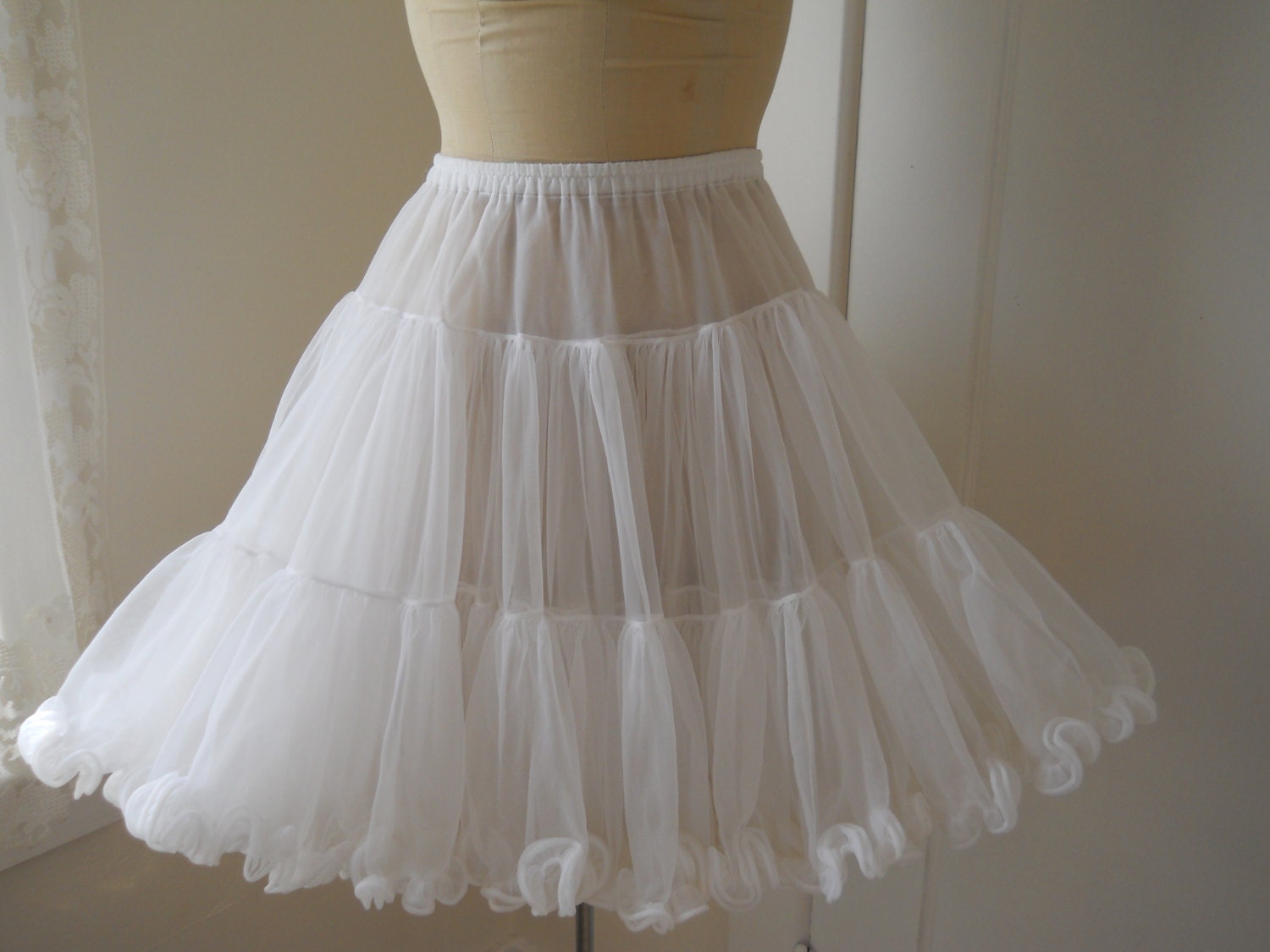 vintage cloud white square dance petticoat crinoline with pantaloons, frilly lace and chiffon, can can, flouncy and full, marshmallow cream