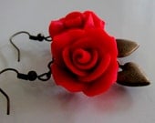 Red Rose Dangle Earrings - Polymer Clay