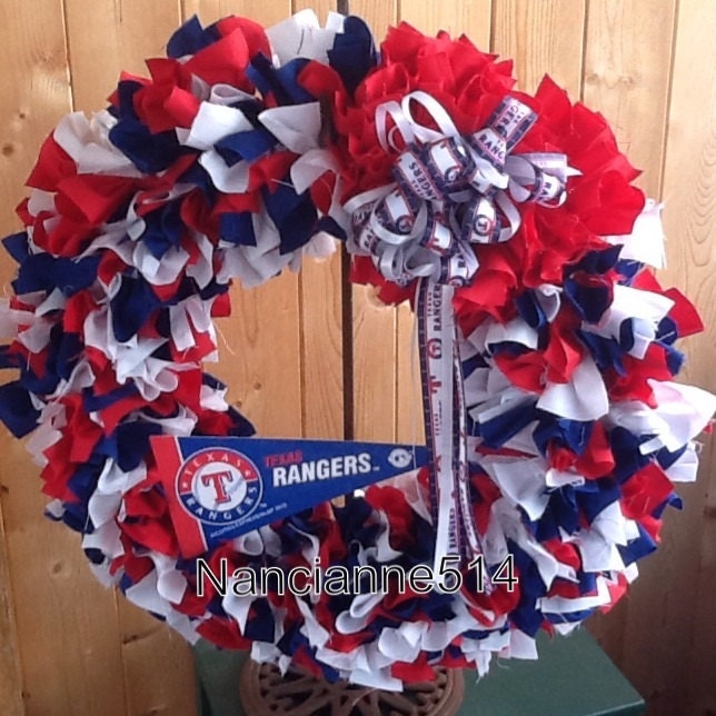 Texas Rangers full 15 inch RAG WREATH with a twist.  Custom orders encouraged ... Free shipping