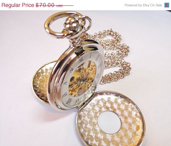 Sale 25% Off Steampunk Silver Double Open Embossed Pocket watch