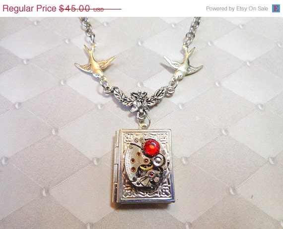 Sale 25% Off Steampunk Once Upon A Time Book Locket Necklace with Vintage Movement & Crystal