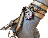 Silk Wrap Bracelet, Handmade Raku Ceramic The Evil Eye Hamsa Hand of Fatima Good Luck Charm Beadwork Yoga Silk Wrap Bracelet Jewelry