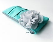 Bridesmaid Clutch, Teal and Gray, Wedding Bag, Personalized Bridesmaid Gift, Flower Brooch, Choose Colors