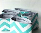 Personalized Bridesmaid Gift, Cosmetic Bag with Message, Choose Colors, Clutch, Set of 4,  Make Up Bag, Aqua White Grey Chevron