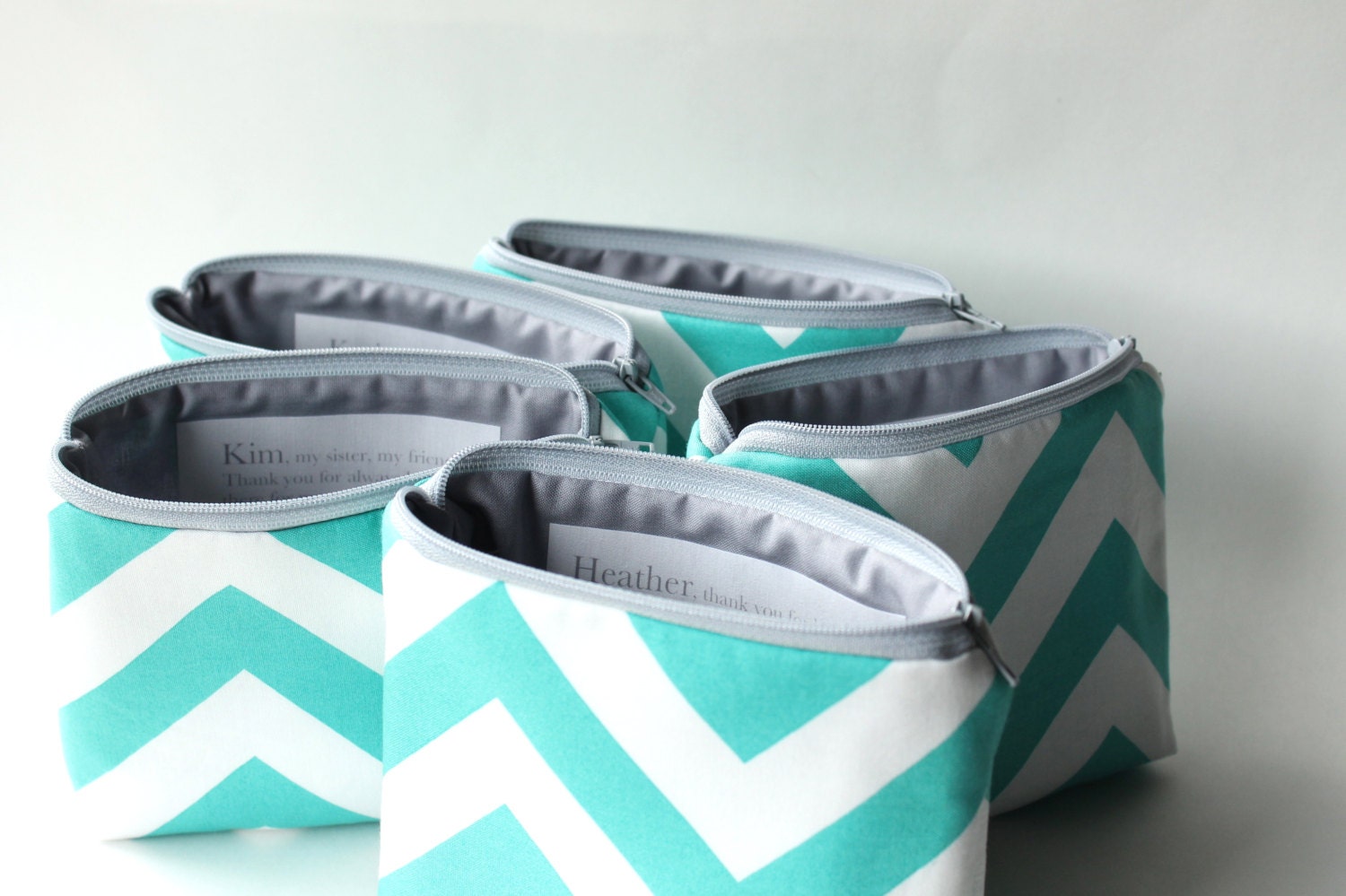 Personalized Bridesmaid Gift, Cosmetic Bag with Message, Choose Colors, Clutch, Set of 4,  Make Up Bag, Aqua White Grey Chevron