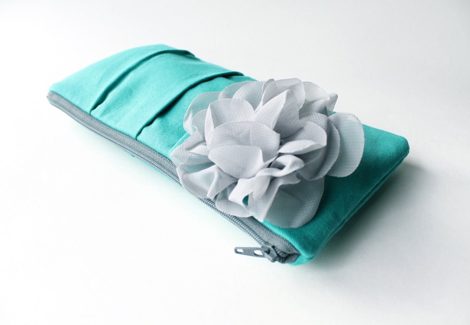 Bridesmaid Clutch, Teal and Gray, Wedding Bag, Personalized Bridesmaid Gift, Flower Brooch, Choose Colors