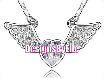 Sparkled Angel Wings and Heart Necklace with Clear Swarovski Crystal Heart