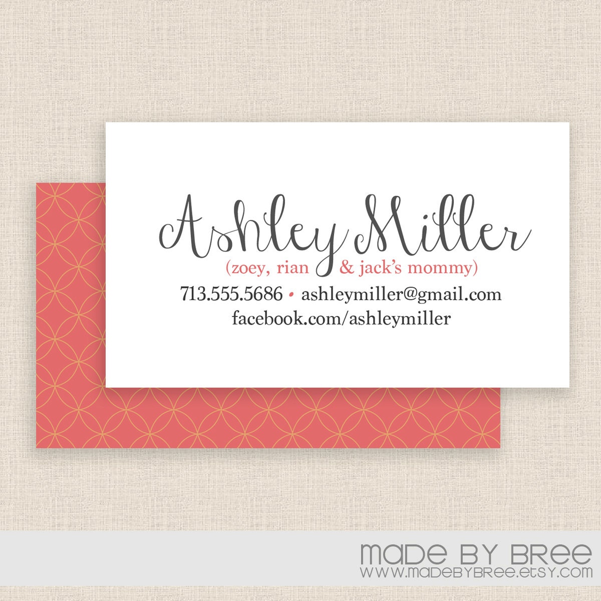 Mommy Calling Card / Business Card Template - Double Sided - Modern Pink and Orange/Yellow Pattern