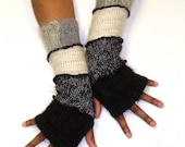 Finger less Gloves, Arm Warmers, Black and Cream ( Black Mohair, Black Grey and Metallic Silver, Cream, Grey Mohair)