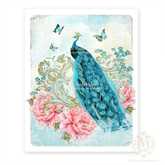 Peacock, Art Print, butterflies, gold crown, pink roses,  Vintage Wallpaper, ornate decoration, aqua blue, collage, Giclee 8 x 10, A4