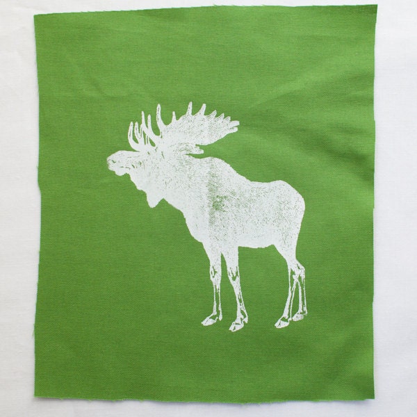 Moose Patch, screen print, silkscreen, moose illustration, green cotton fabric, steampunk