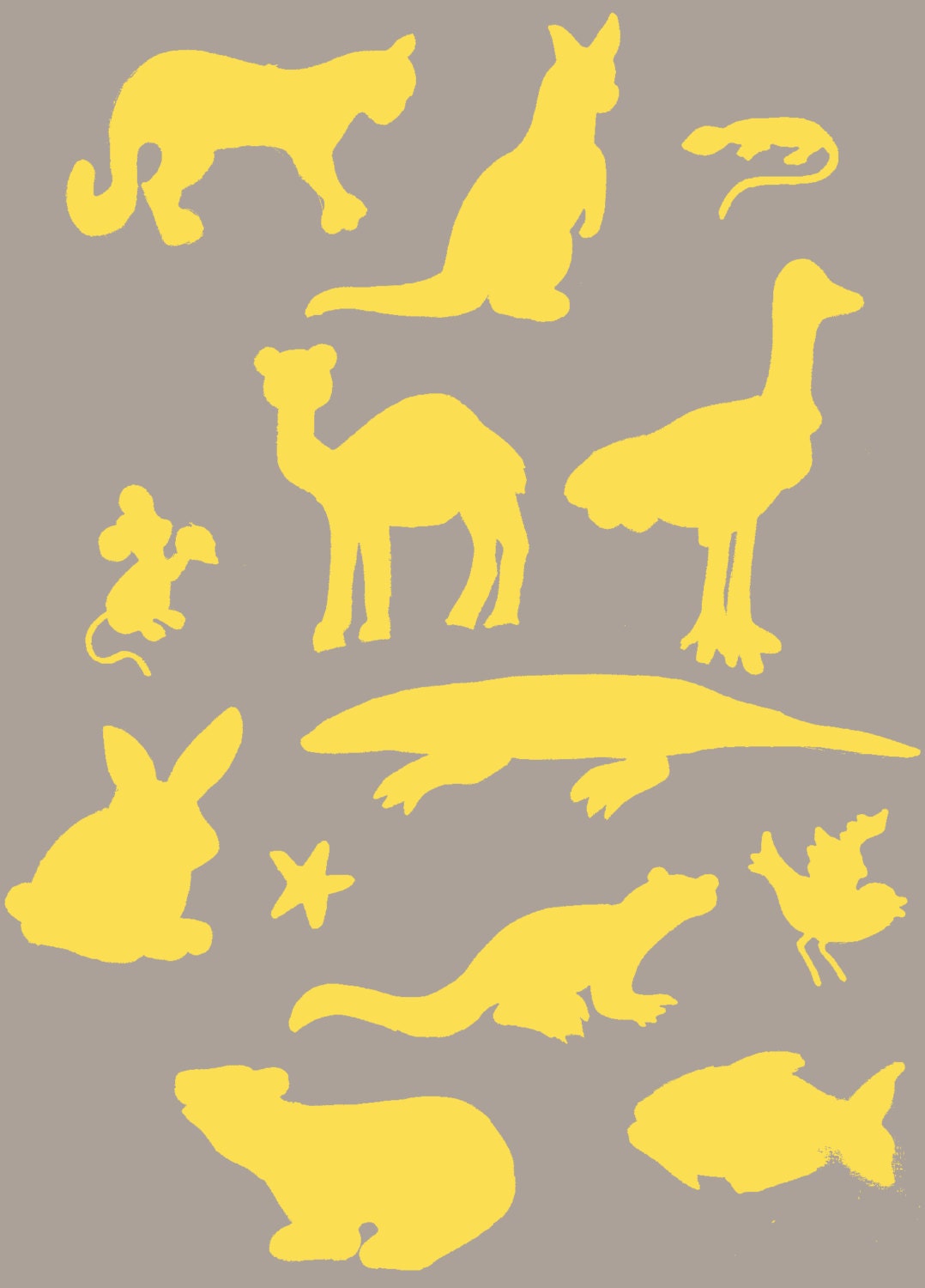 Animals Around the World in Yellow and Grey Custom Cotton Print Fabric FAT QUARTER
