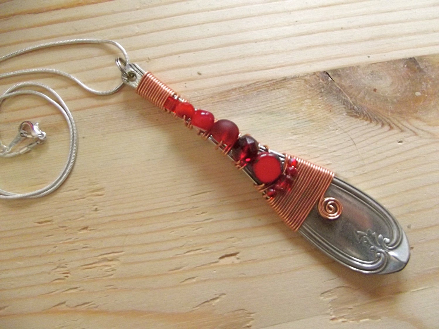 Recycled Antique Silver Spoon Necklace: Ruby Red