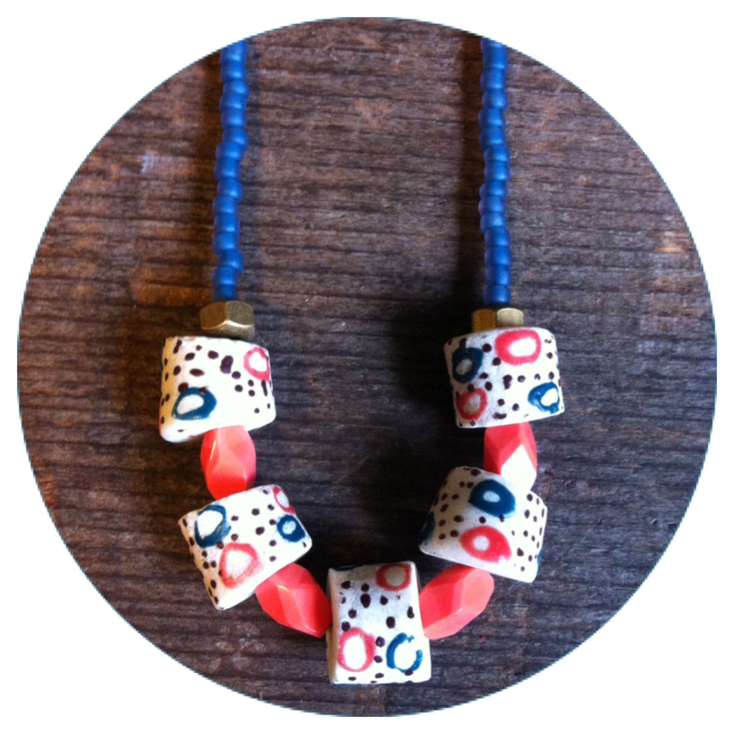 Beaded statement necklace - coral, blue, gold and brass - hand painted