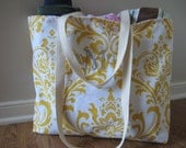 Tote bag, Large Beach Tote, Damask, Fleur de lis Beach Bag, tote bag  yellow monogrammed,