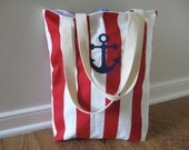 Small Beach Tote, Chevron Beach Bag, Nautical red stripe with anchor, READY TO SHIP