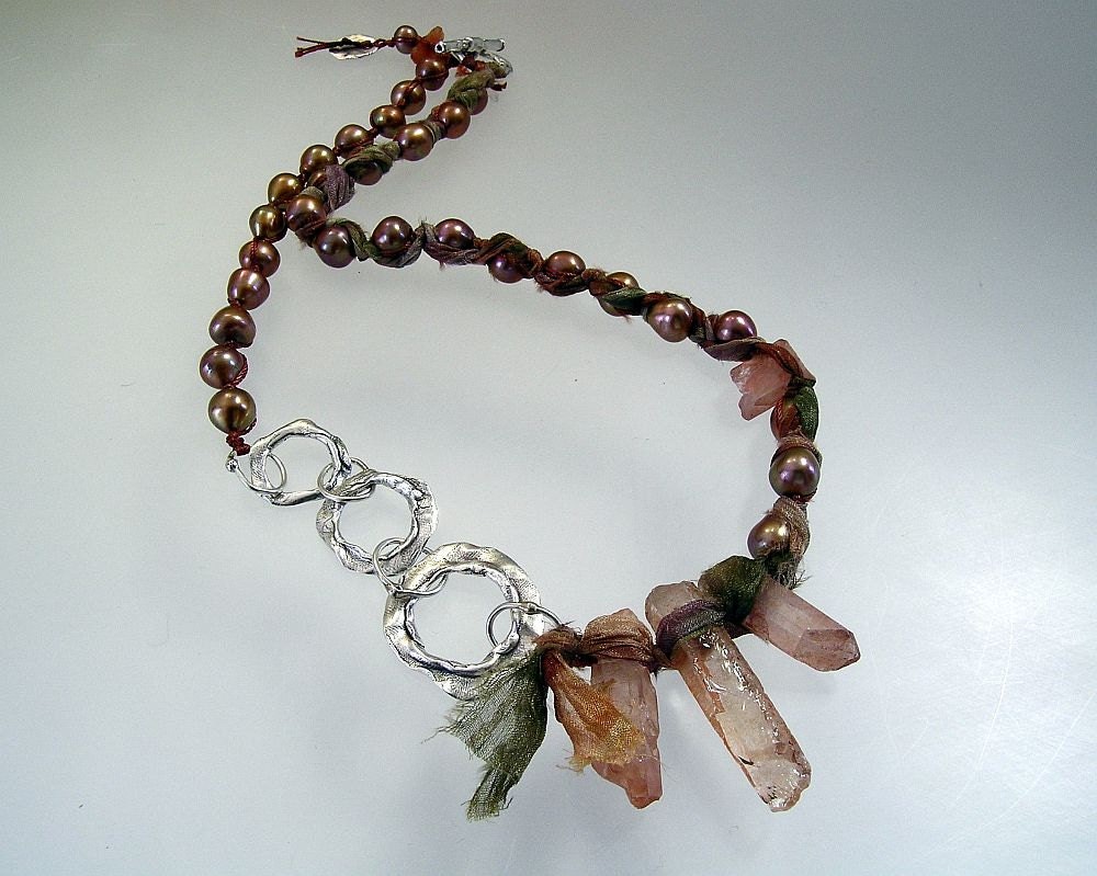 Urban Primitive Early Spring Goddess Necklace, Fine Silver, Freshwater Pearls, Tangerine Quartz, Eco-dyed Silk