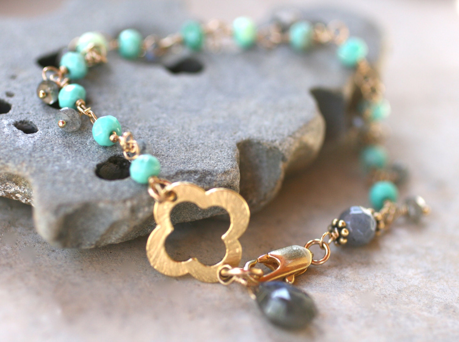 Labradorite and Chrysoprase Gemstone 14 KT Gold Filled Wire Handmade Bracelet