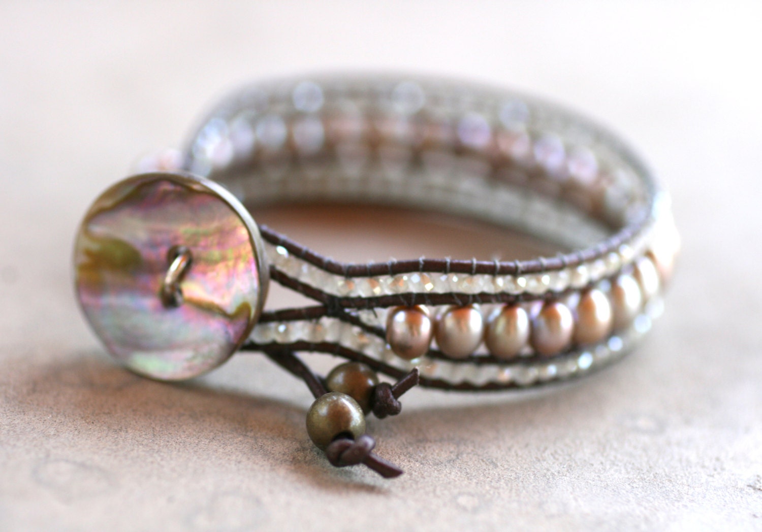 Champagne Freshwater Pearl Leather Wrap Cuff Handmade Bracelet