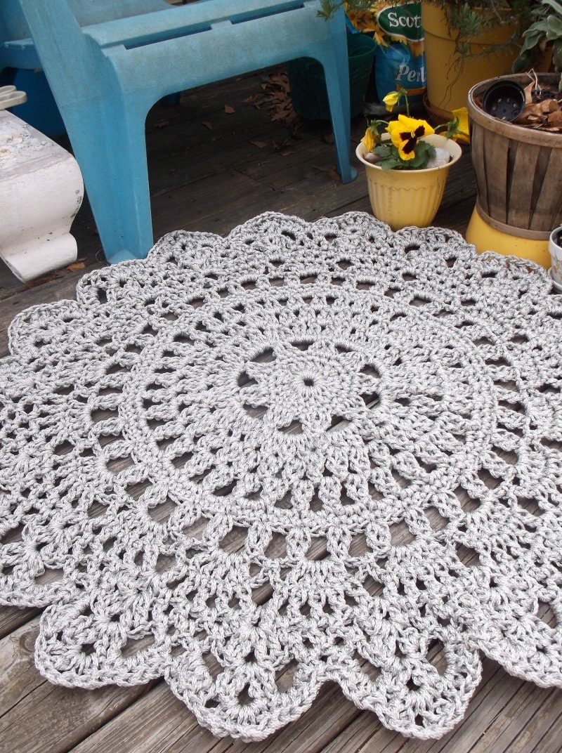 Grey Patio Porch Cord Crochet Rug in 35" Round Pineapple Pattern READY TO SHIP