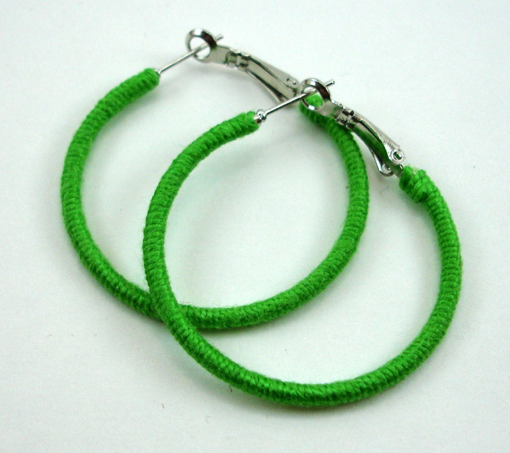 Lime Green 1.5 Inch Hoop Earrings, Hand Wrapped Summer Earrings, Fashion Jewelry, Trendy Earrings