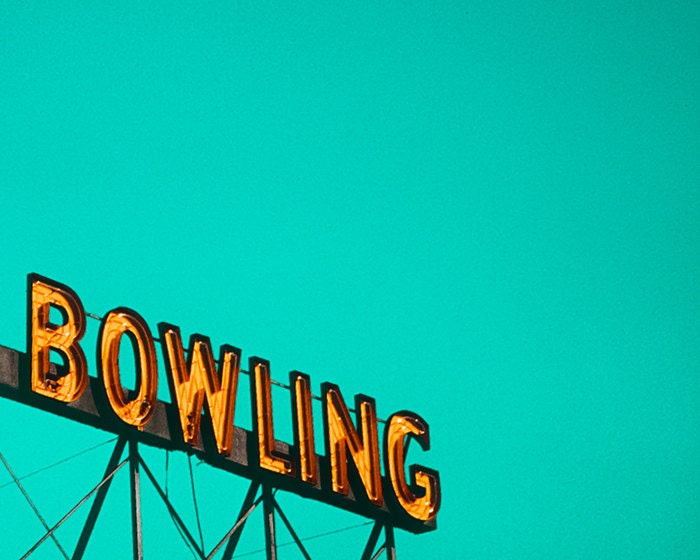 30% OFF Vintage sign photography, bowling alley, tangerine tango, citrus, orange, aqua, teal, turquoise, rust, ten pins, mid century