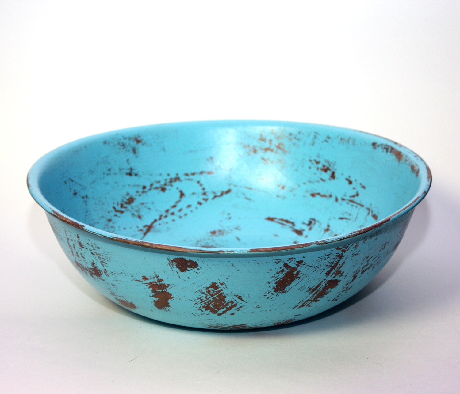 Wood Bowl Distressed Indian Turquoise Blue Large