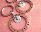 Custom GPS Copper Washer . Latitude Longitude Key Chain . Hand Stamped Large Charm . Coordinates, Name, Dates
