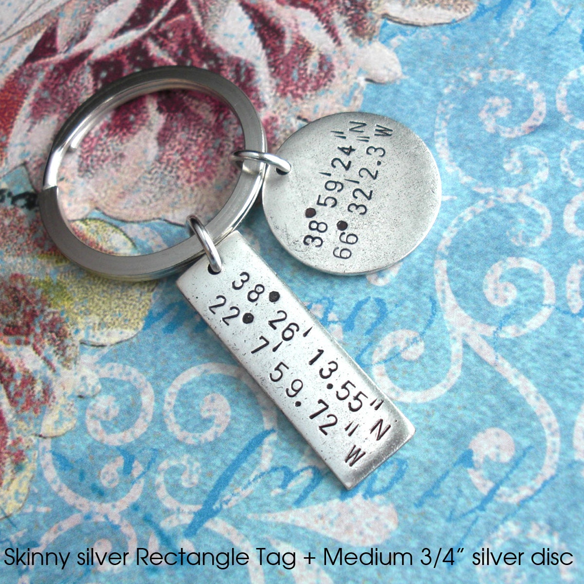 Double GPS Coordinates Keychain.. Hand Stamped .. customize Lat/Long antiqued metal charm .. Copper, Silver or Gold