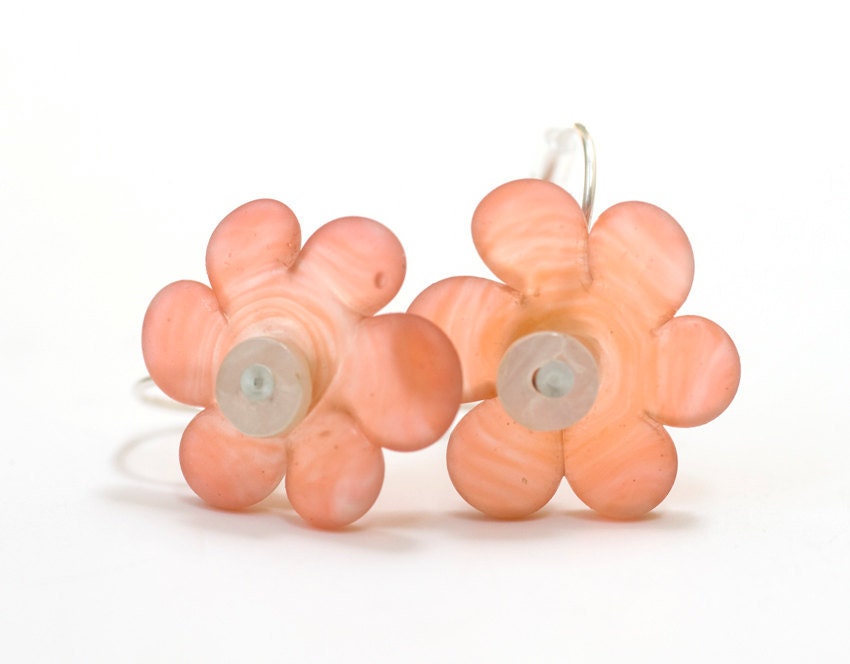 Coral Orange Sea Glass Flower Bead Earrings Handmade Lampwork Sterling Silver Made to Order