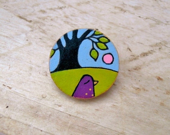 Little Purple bird Brooch - Art on Wood - Woodland Scene - Pin, Badge - Gift for Girl