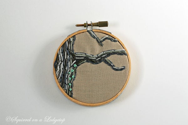 Tree Embroidery, Grey, Gray, Mint Green, Beige, Branches, Lichen, Woodland, Wall Decor, Embroidered Art, 3 Inch Hoop