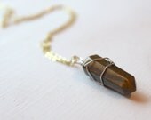 Iridescent Brown Stone Wire Wrapped Necklace on Gold or Silver 18 inch Necklace Chain