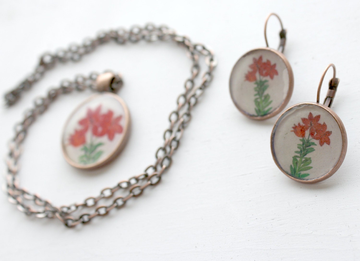 Vintage Style Botanical Drawing Red Flower Pendant Necklace and Earring Set with Gift Box Included
